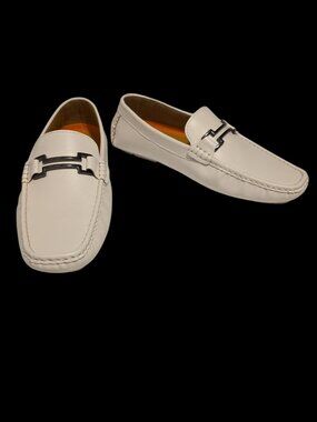 Size 9.5 Jousen Milan White & Dark Silver Tone Synthetic Driving Loafers No Box